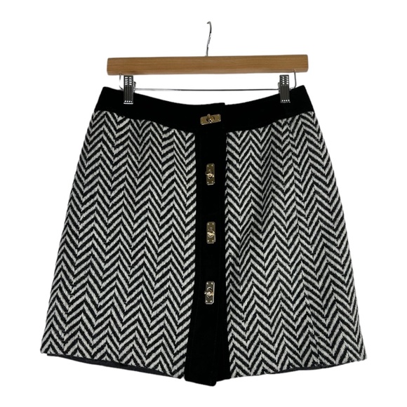 Milly of New York Black & White Herringbone Wool & Suede Mini Skirt Size 8 - Picture 1 of 6